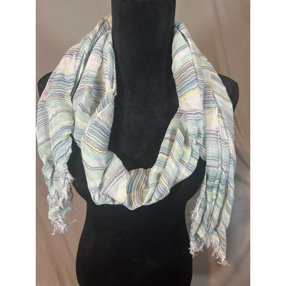Unbranded Women Striped Lightweight Scarf Green Blue Yellow Metallic Frayed Edge